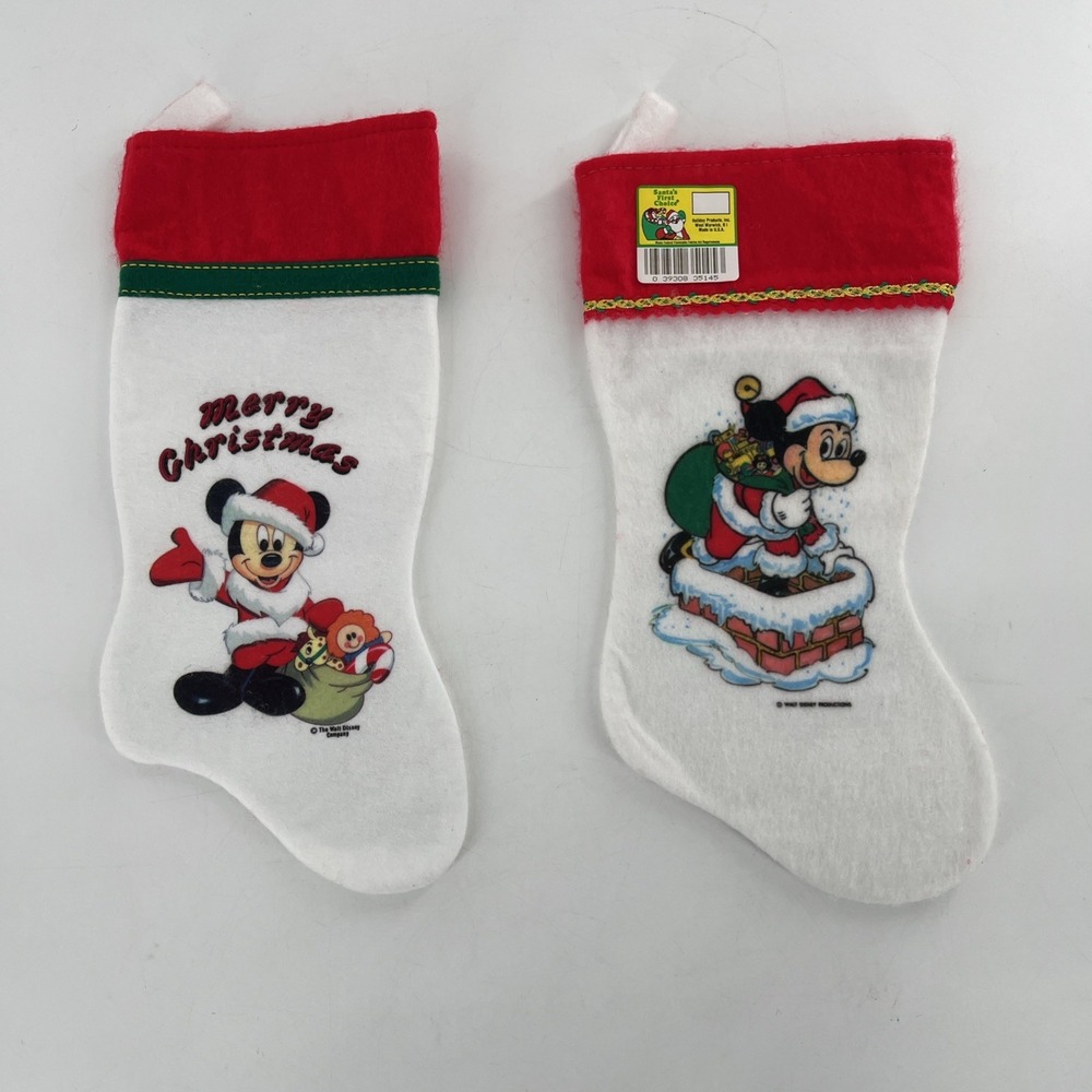 2 Vtg Felt Disney Christmas Stocking Mickey Mouse‎ Down Chimney Santa 1st Choice